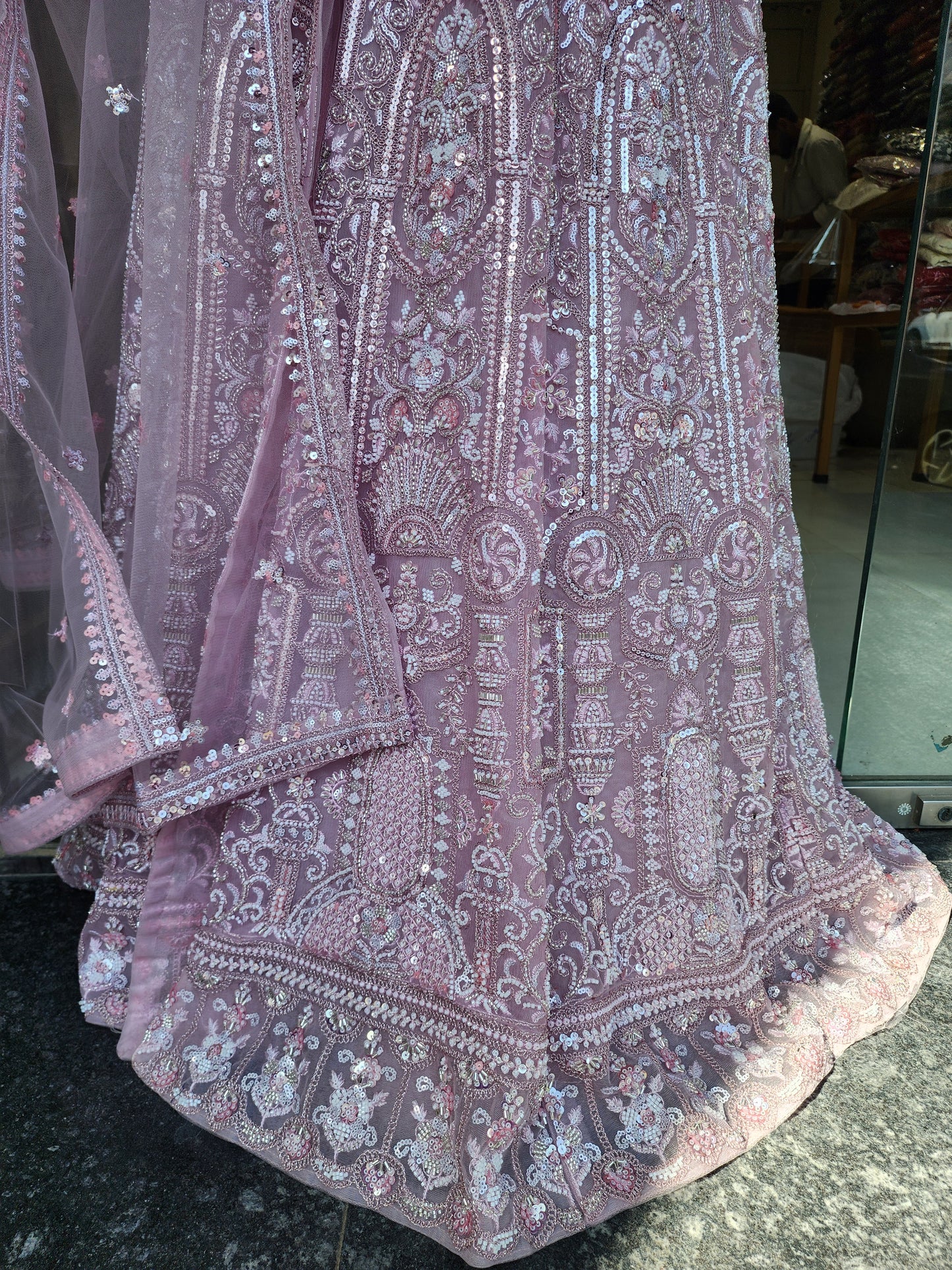 Baby pink centre slit handwork indowestern dress