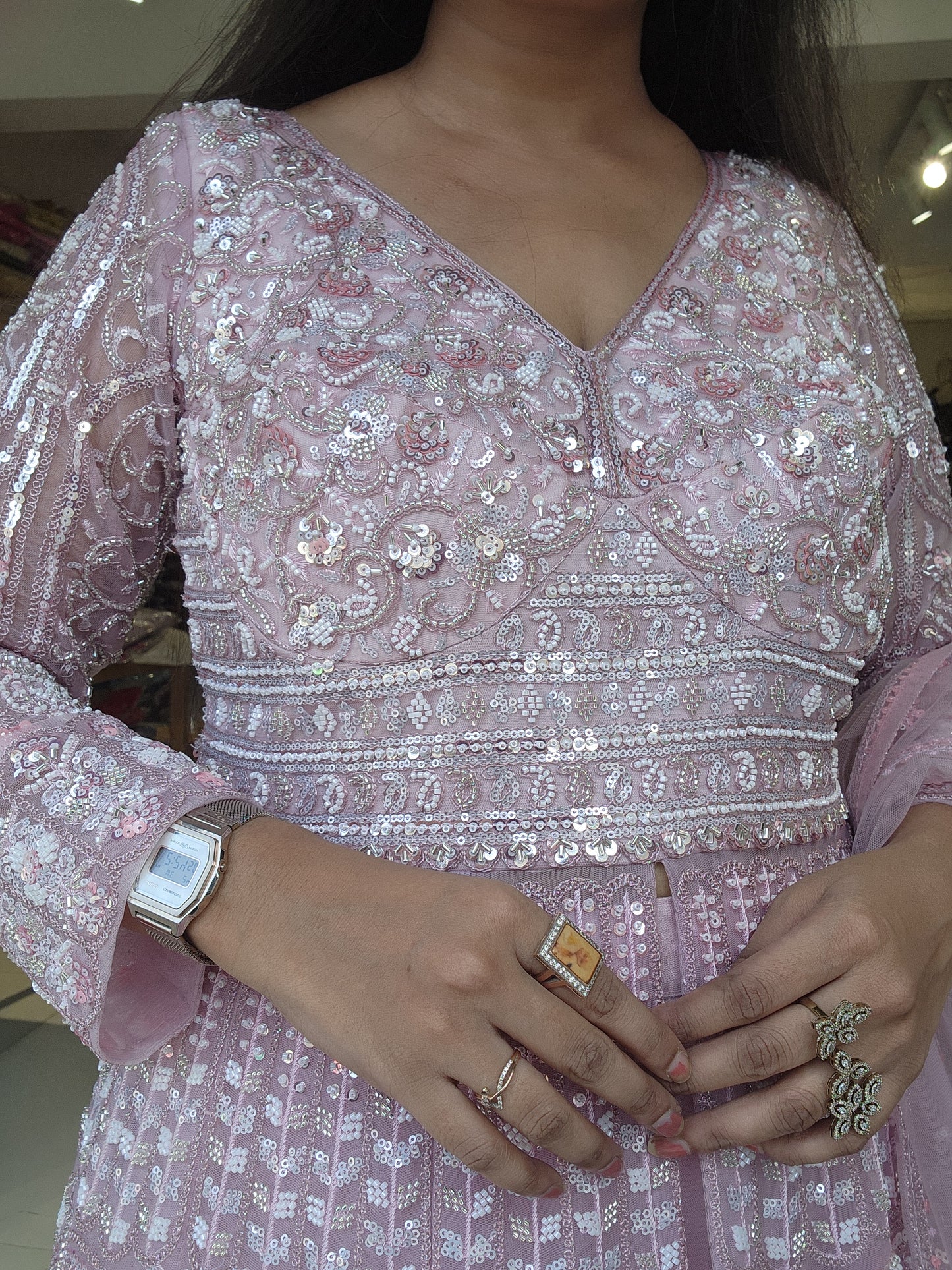 Baby pink centre slit handwork indowestern dress