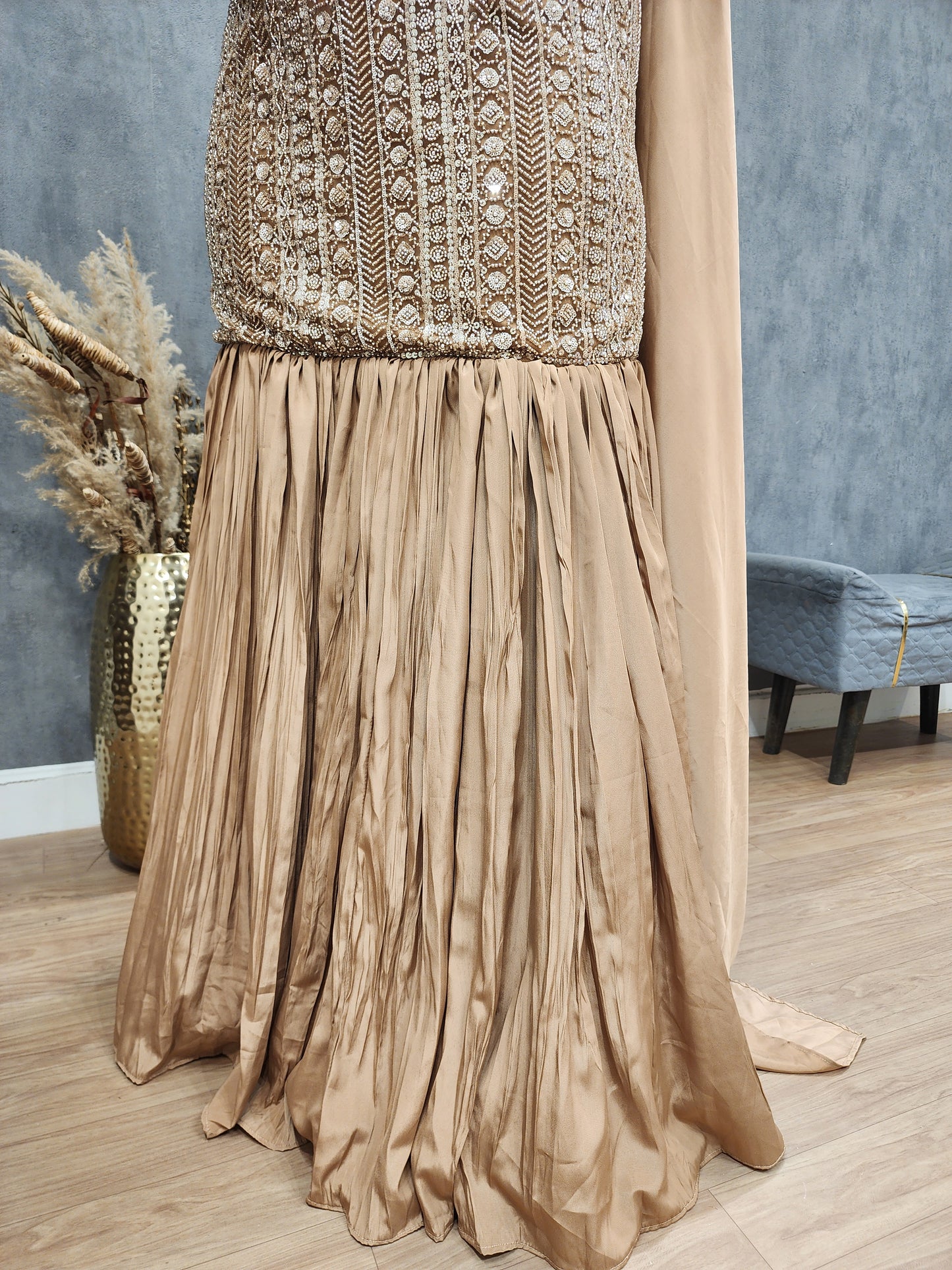 Brown fishcut indowestern lehenga