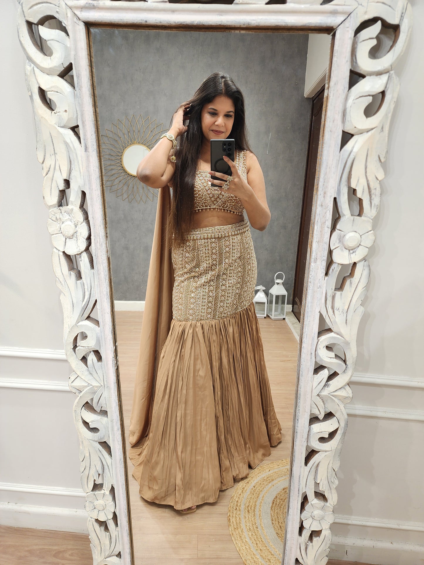 Brown fishcut indowestern lehenga