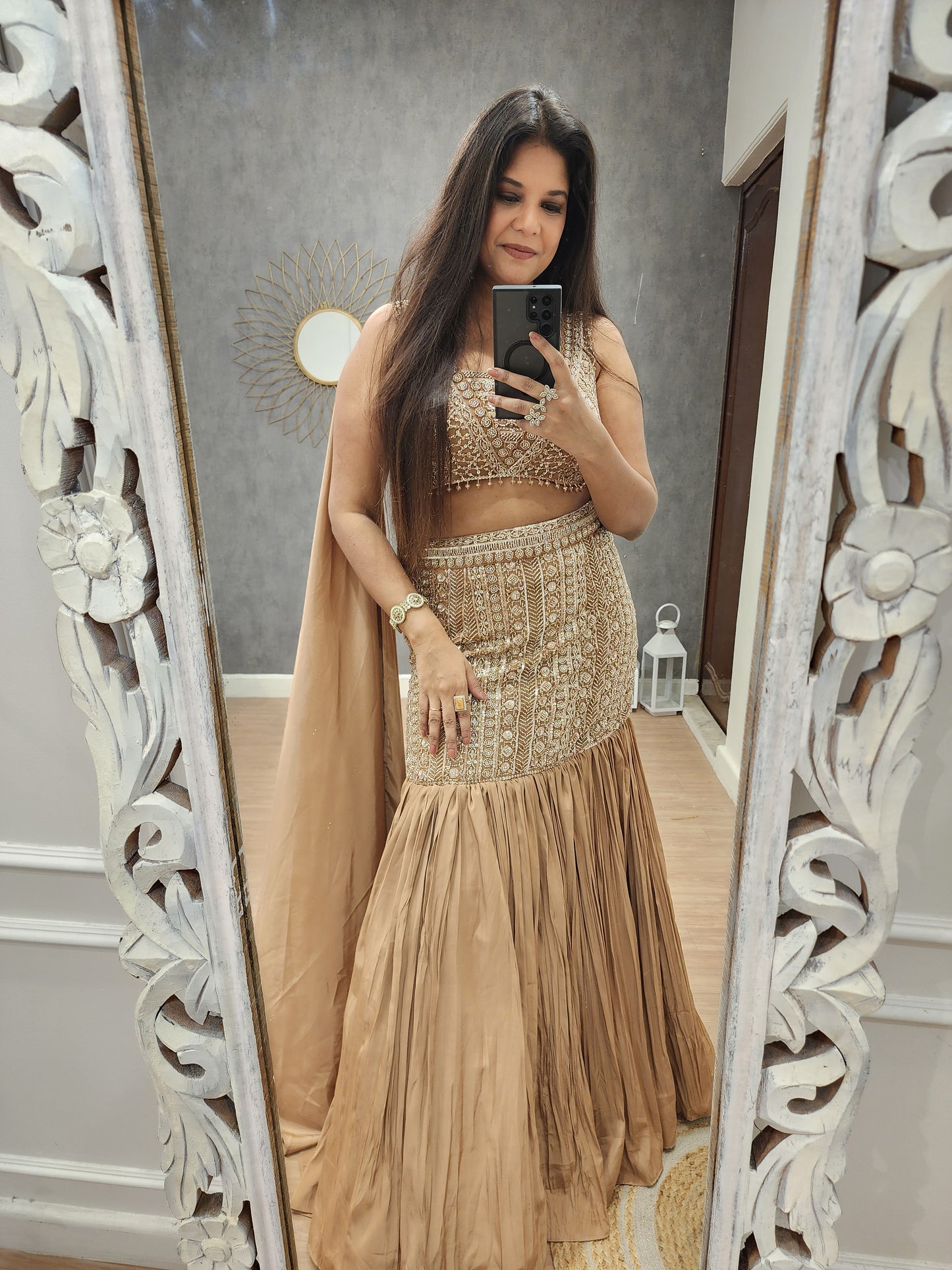 Brown fishcut indowestern lehenga