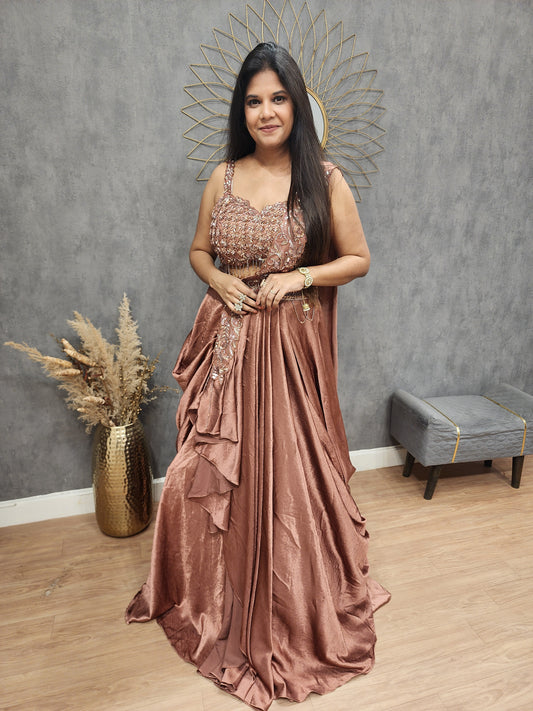 Mehak metallick rust cowl lehenga
