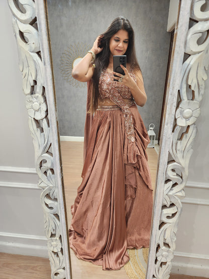 Mehak metallick rust cowl lehenga