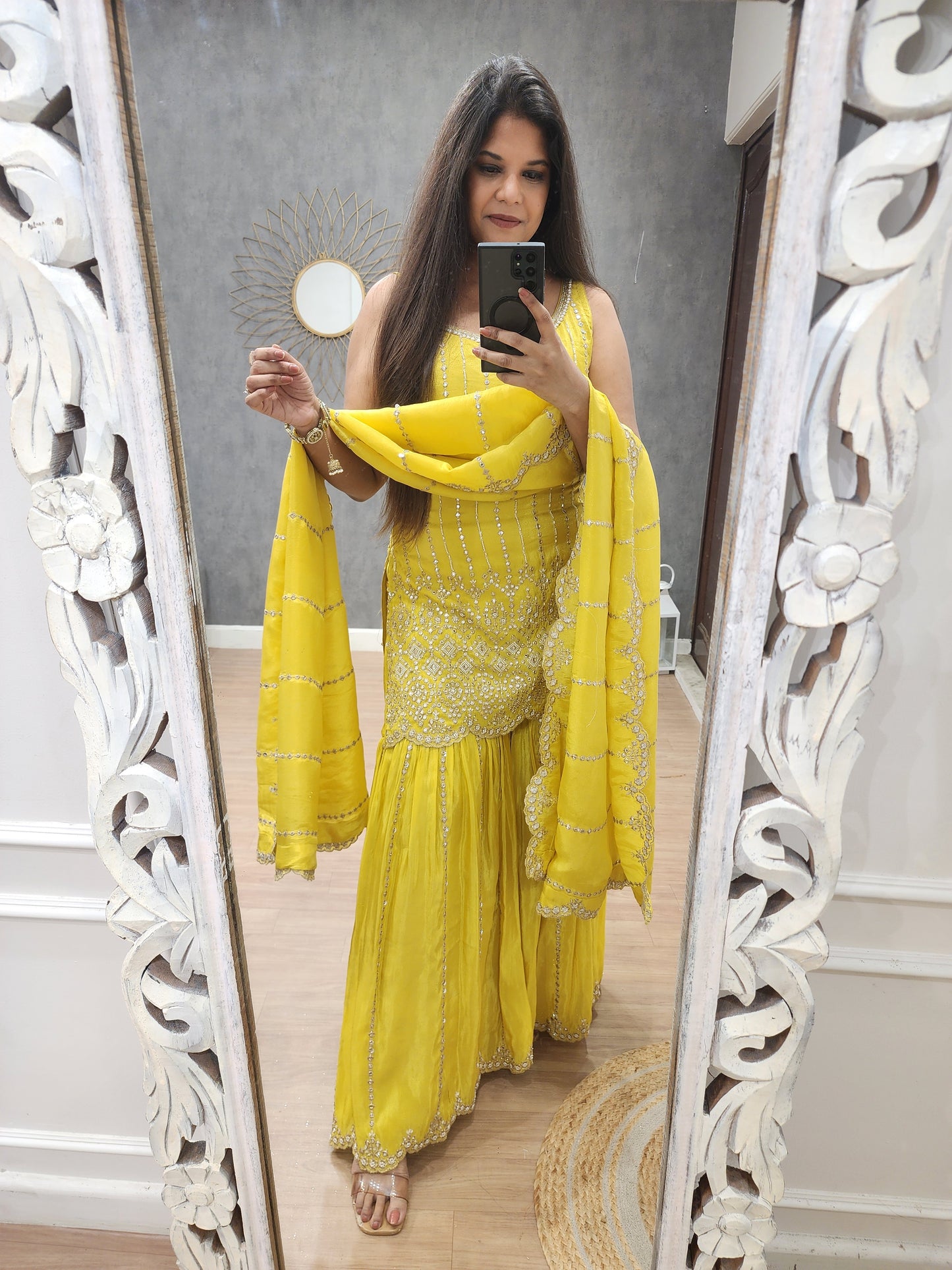 Chand yellow foil mirror sharara suit (seperate sleeves available)