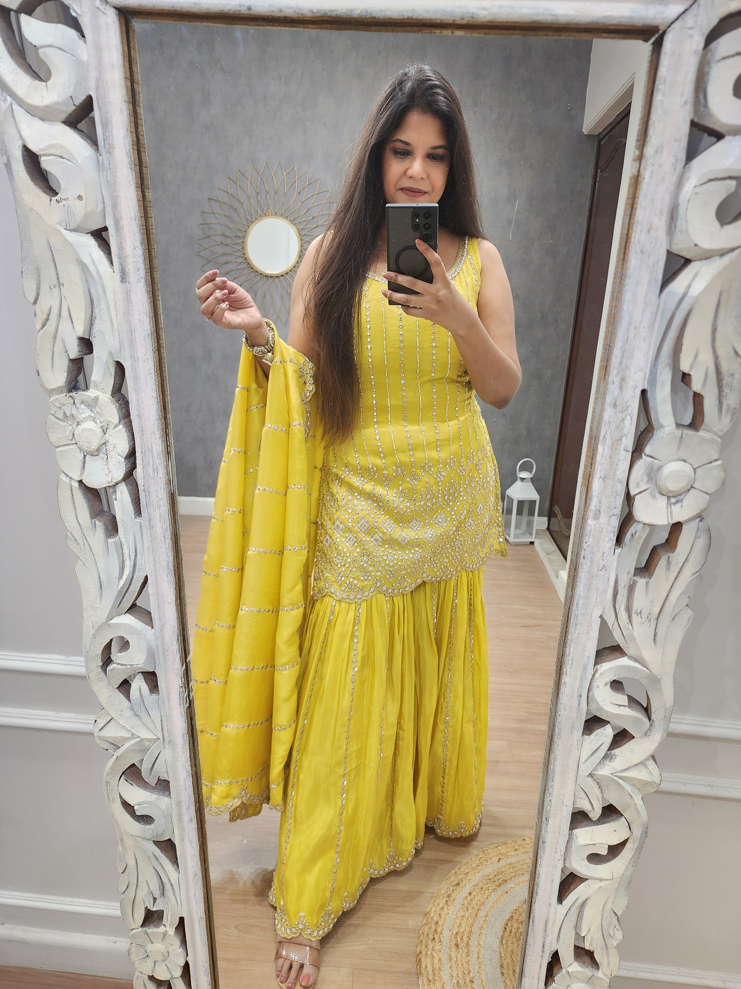 Chand yellow foil mirror sharara suit (seperate sleeves available)