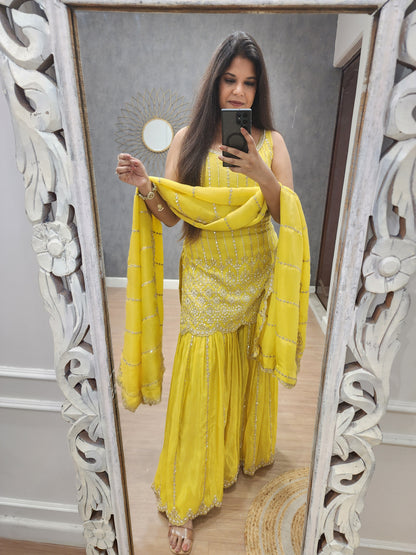 Chand yellow foil mirror sharara suit (seperate sleeves available)