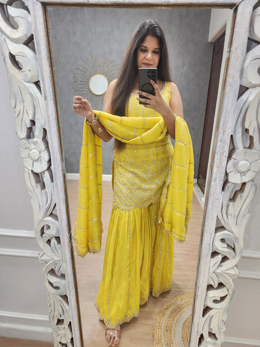 Chand yellow foil mirror sharara suit (seperate sleeves available)