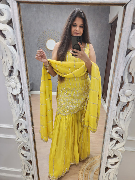 Chand yellow foil mirror sharara suit (seperate sleeves available)
