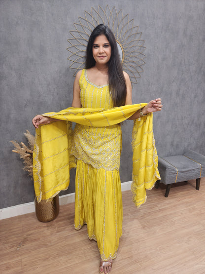 Chand yellow foil mirror sharara suit (seperate sleeves available)