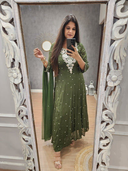 Meera green anarkali chinon 3 piece suit
