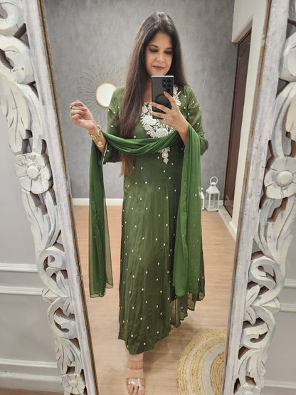 Meera green anarkali chinon 3 piece suit