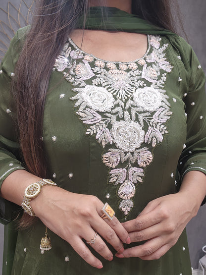 Meera green anarkali chinon 3 piece suit