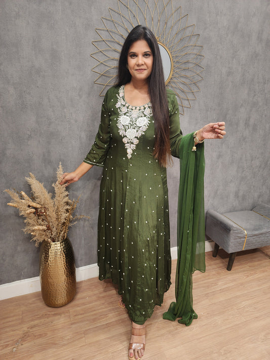 Meera green anarkali chinon 3 piece suit