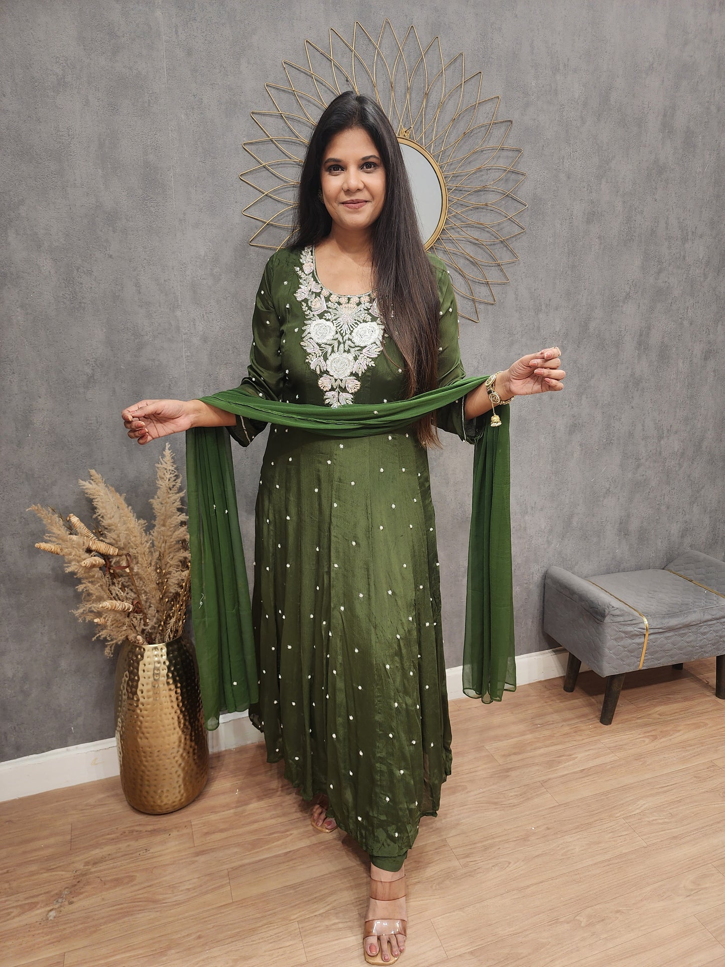 Meera green anarkali chinon 3 piece suit