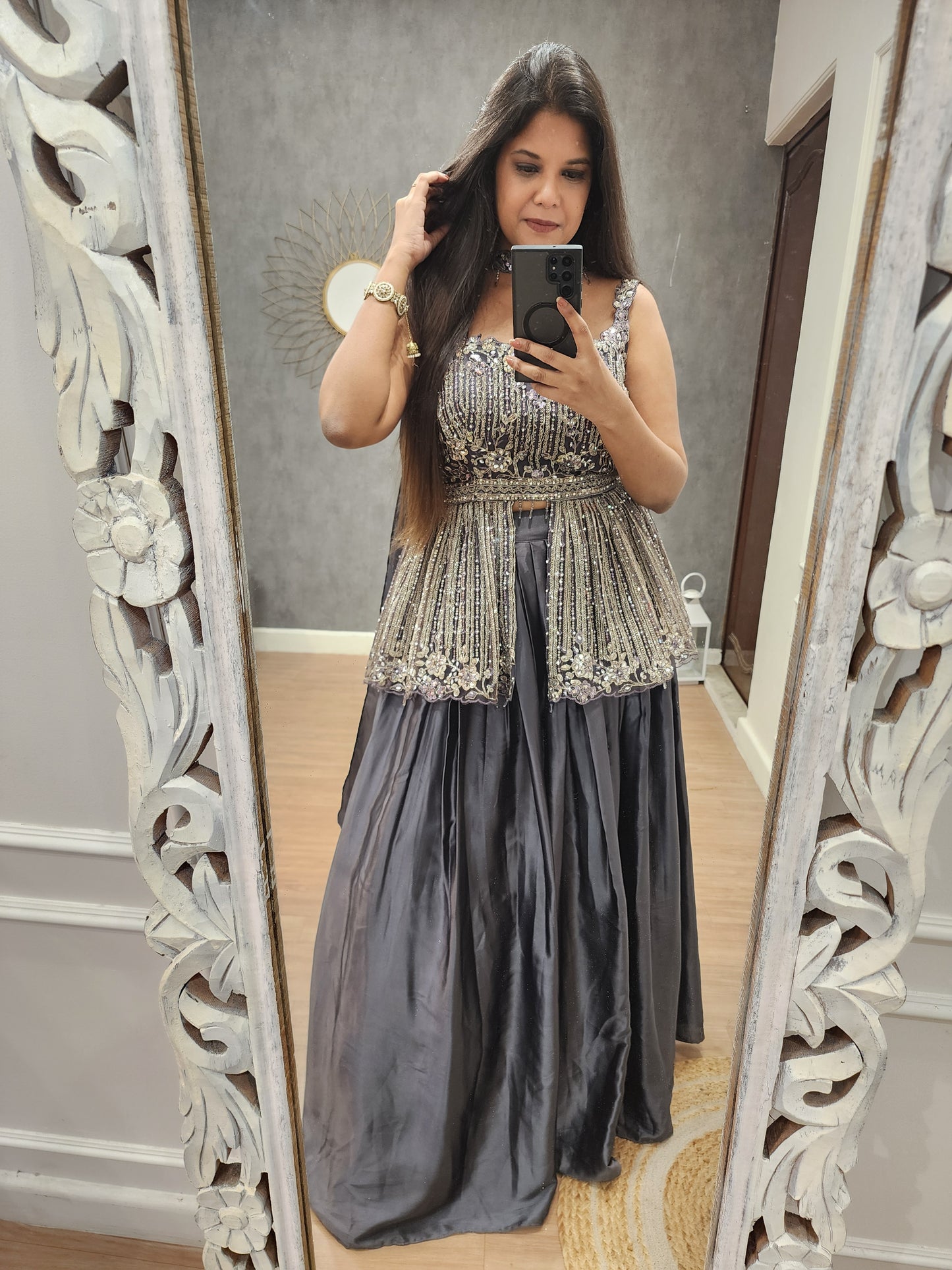 Seerat Metallick grey peplum indowestern dress