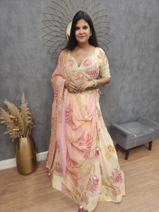 Floral print embroided lehenga set