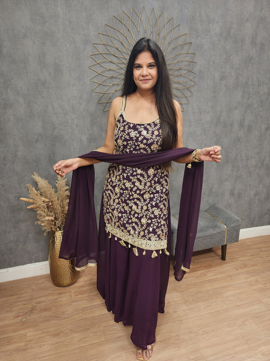 Mahi wine strap sharara suit