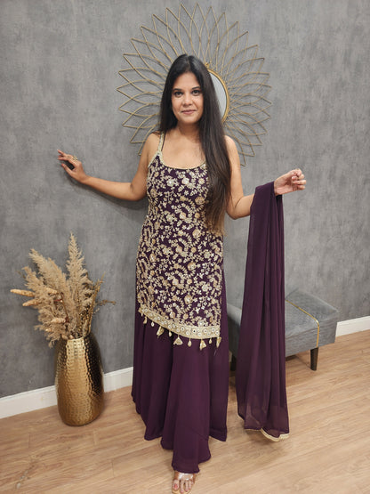 Mahi wine strap sharara suit