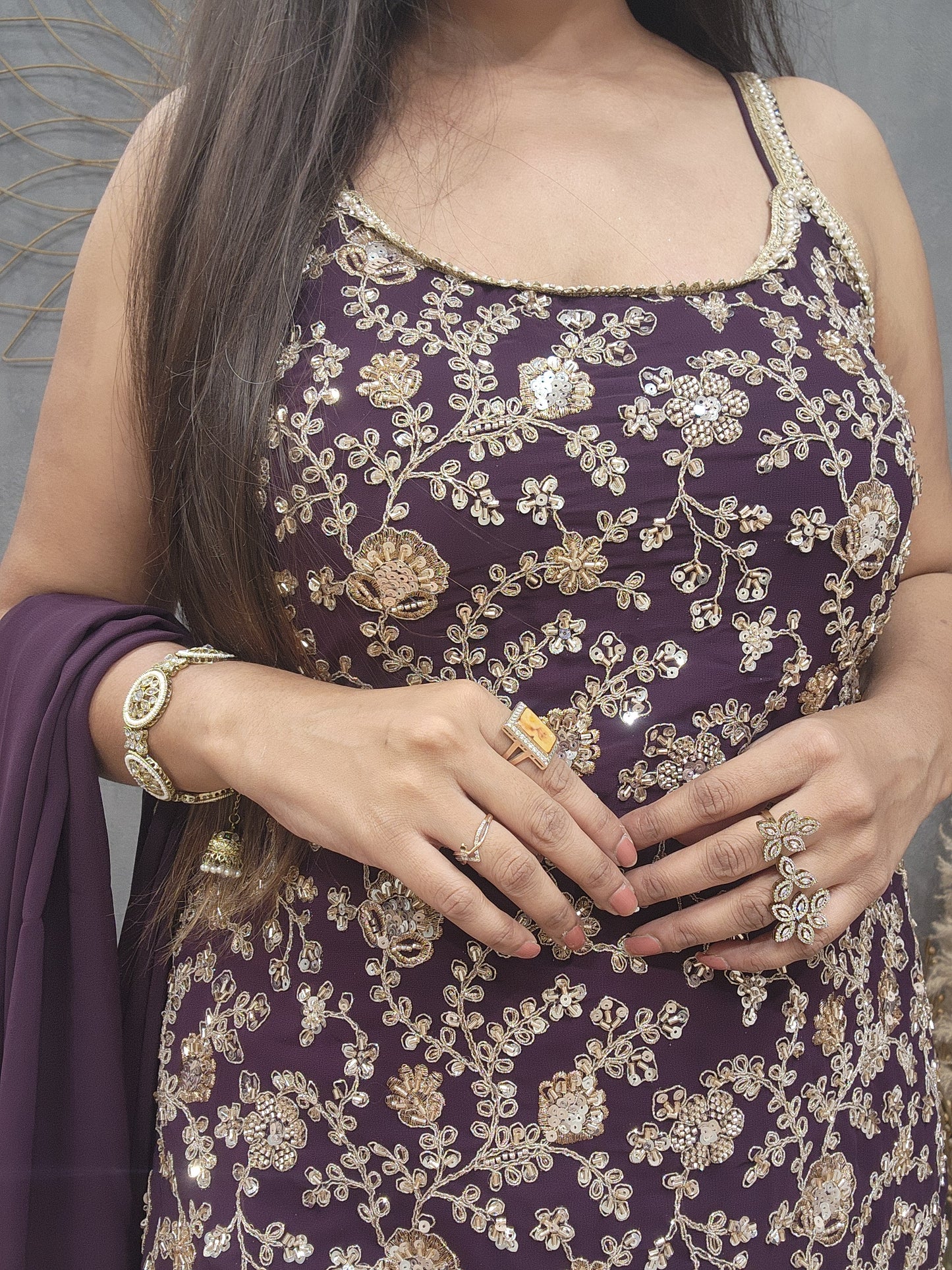 Mahi wine strap sharara suit