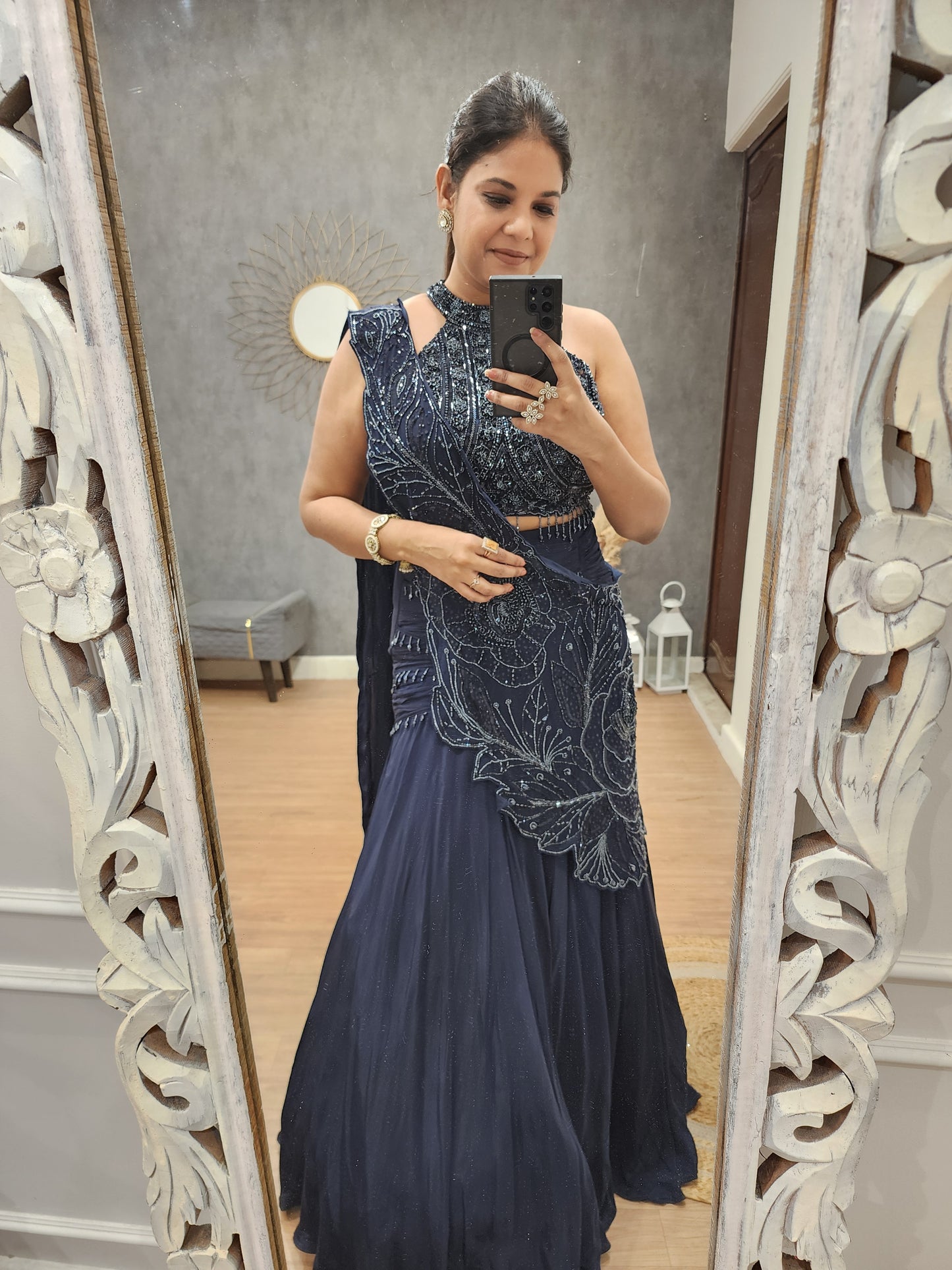 Diva blue halter neck fishcut drape lehenga