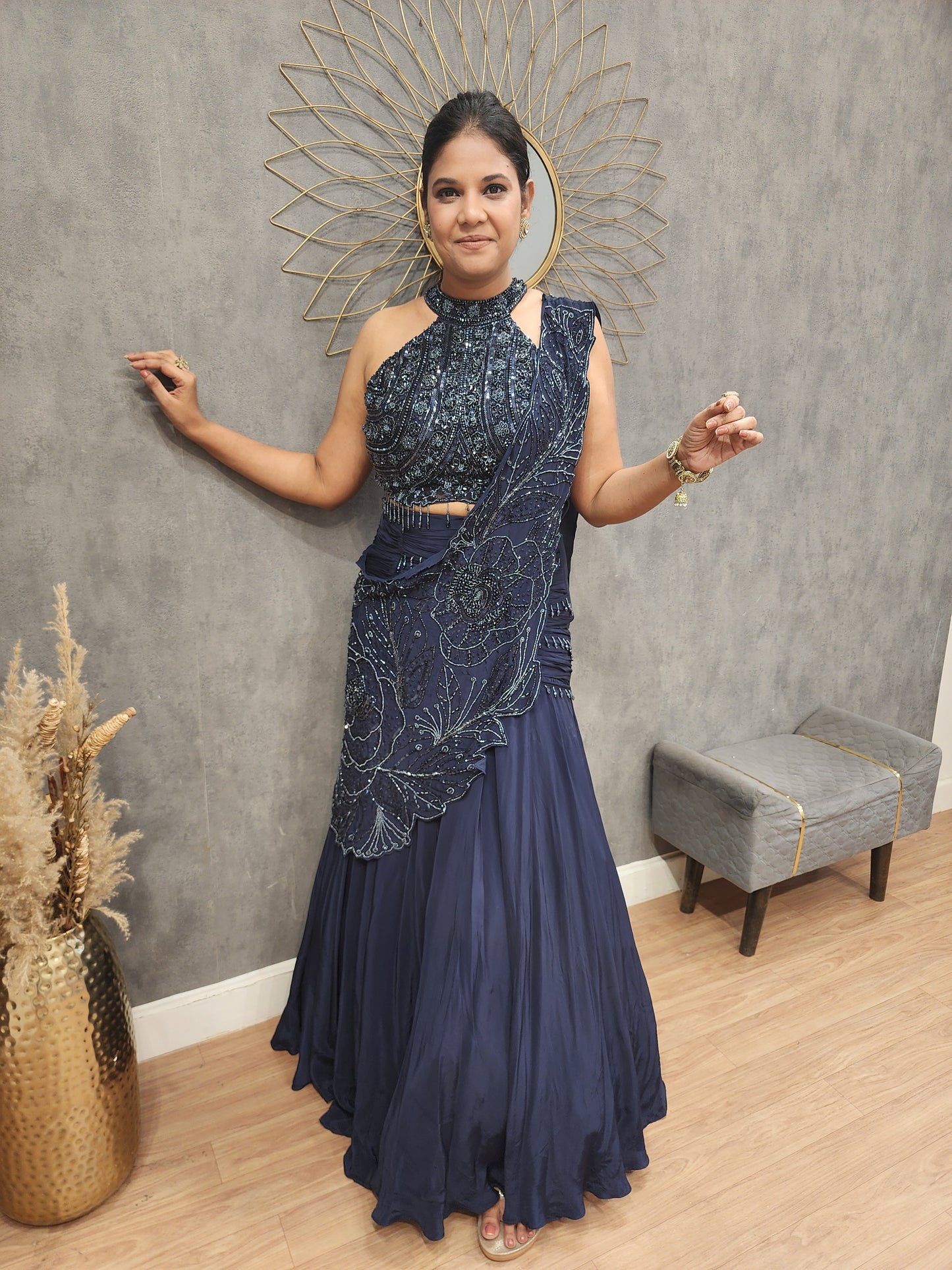 Diva blue halter neck fishcut drape lehenga