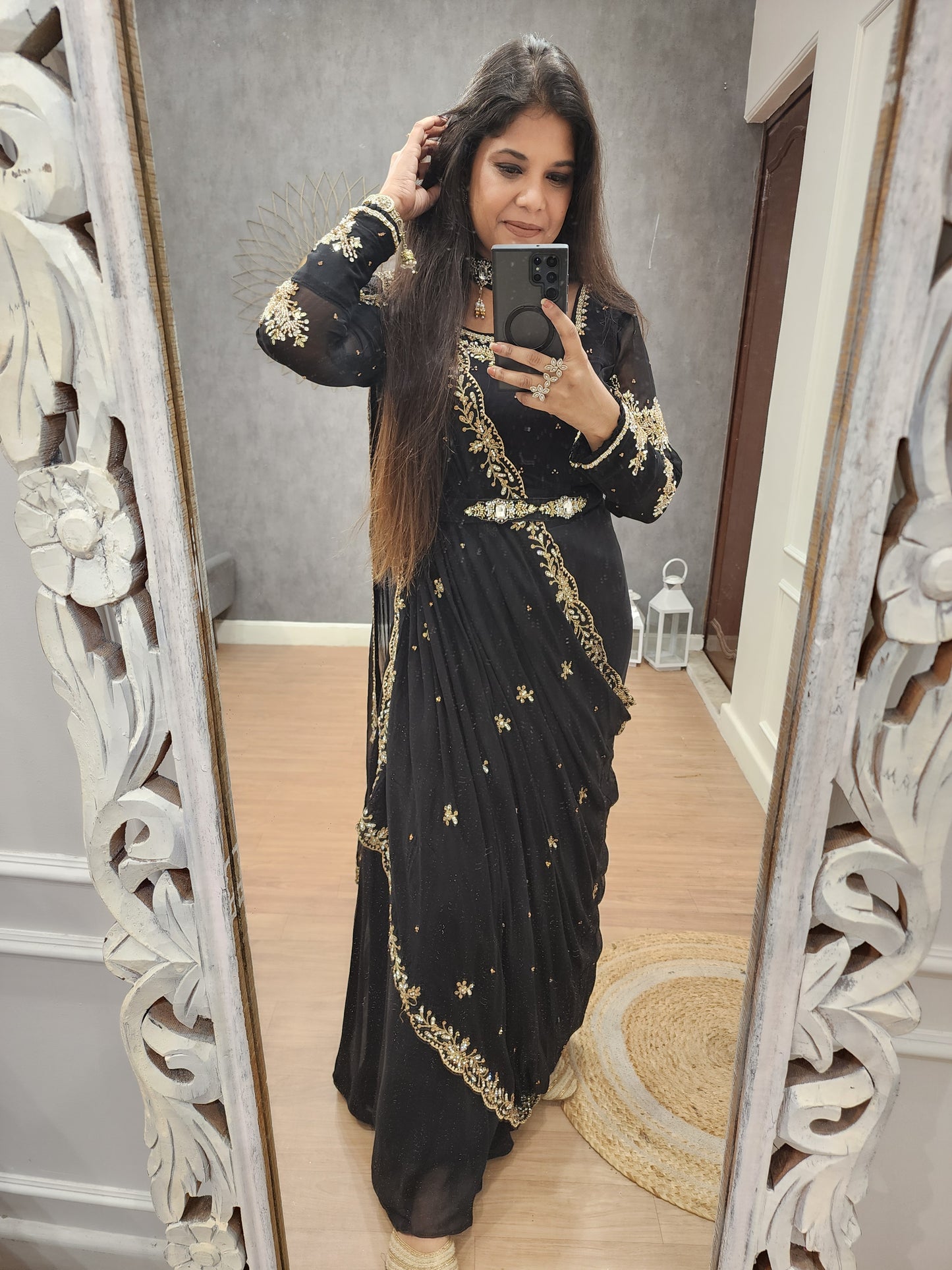 Raabta black drape saree with necklace