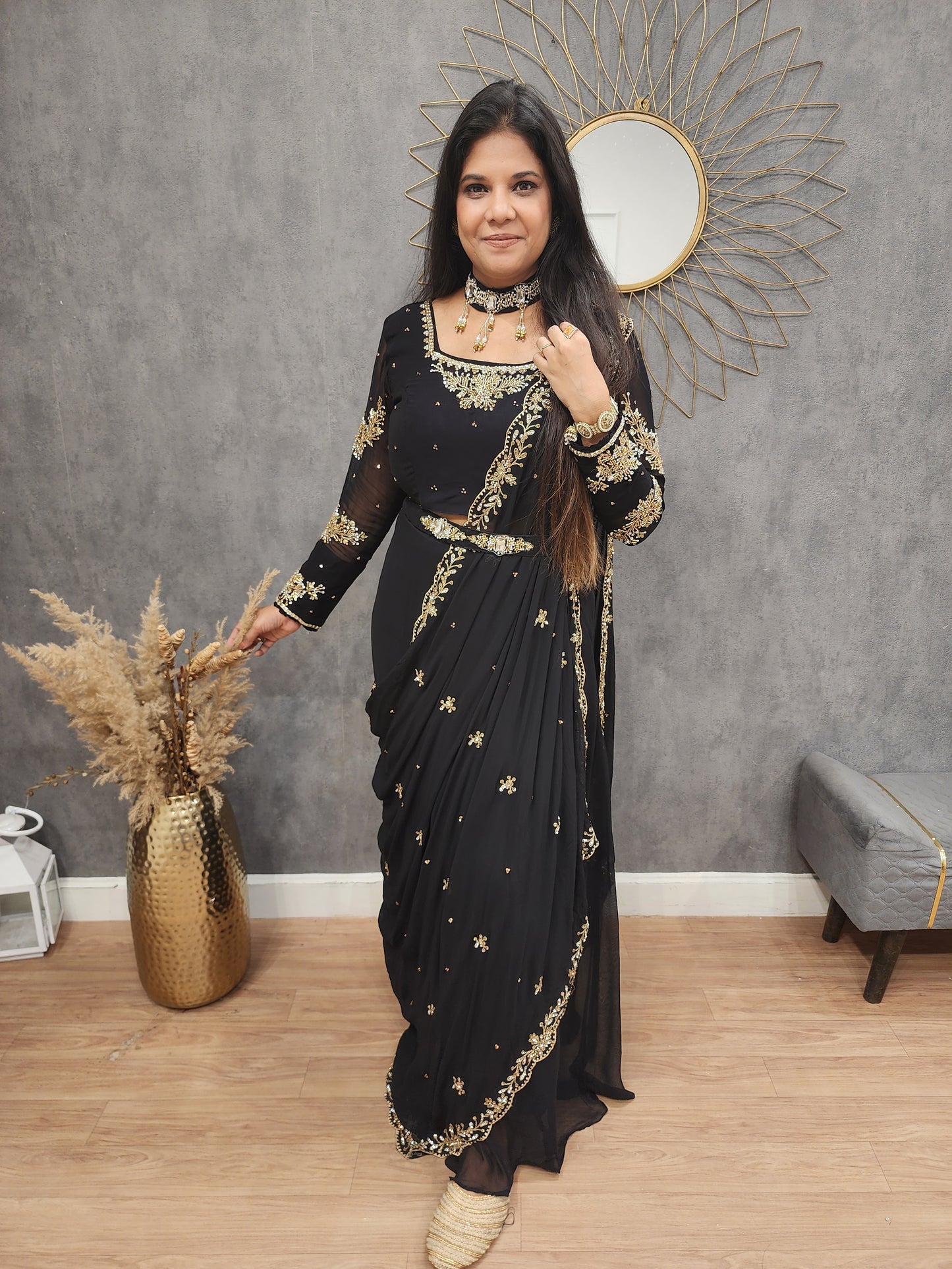 Raabta black drape saree with necklace