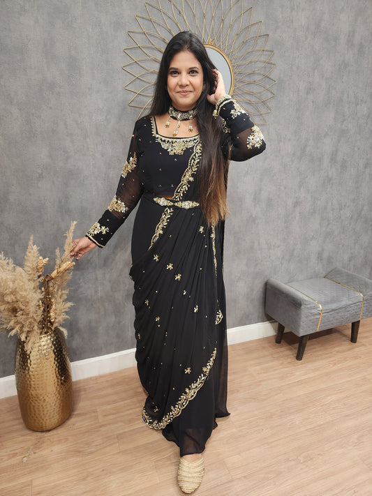 Raabta black drape saree with necklace