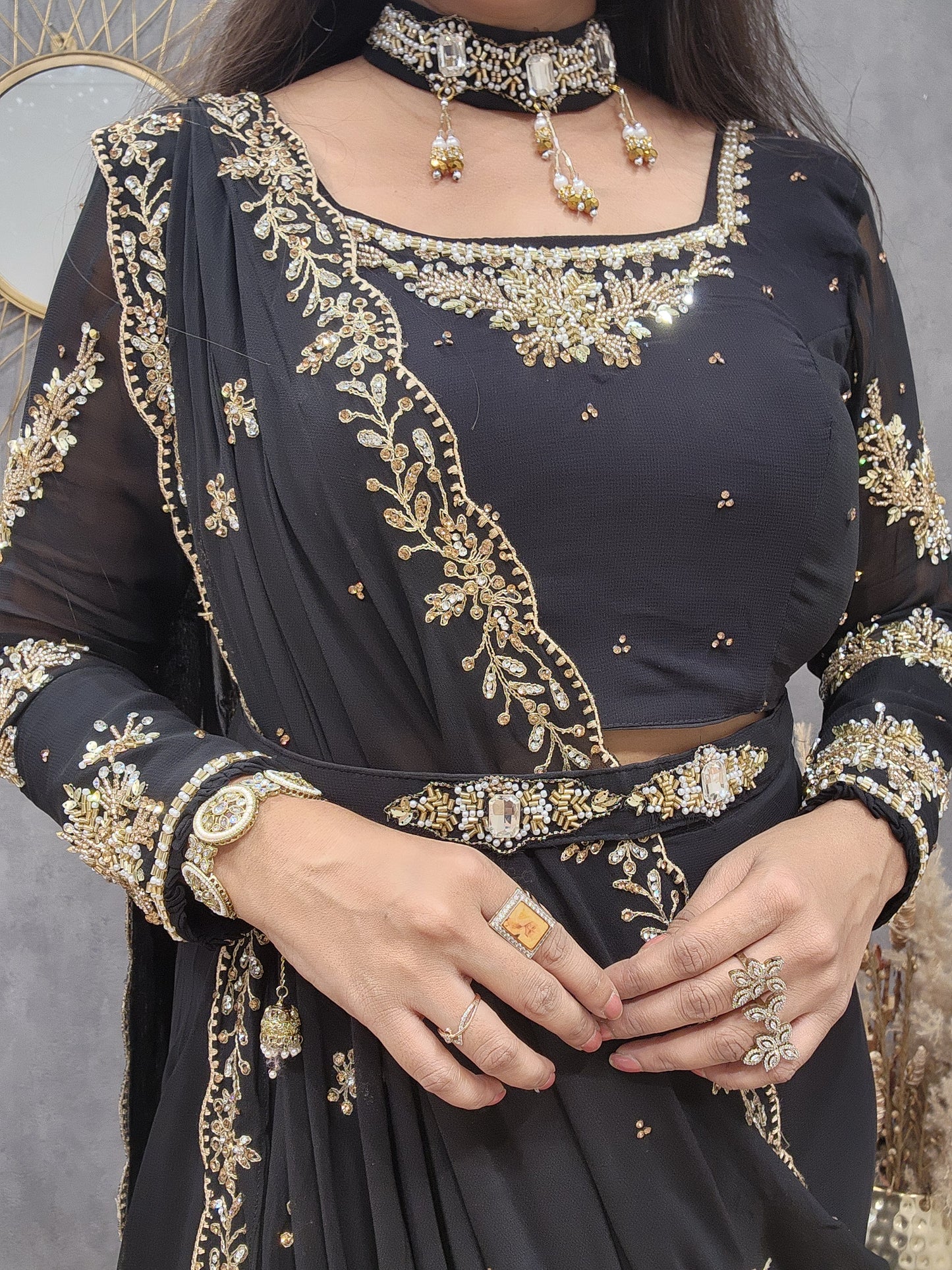 Raabta black drape saree with necklace