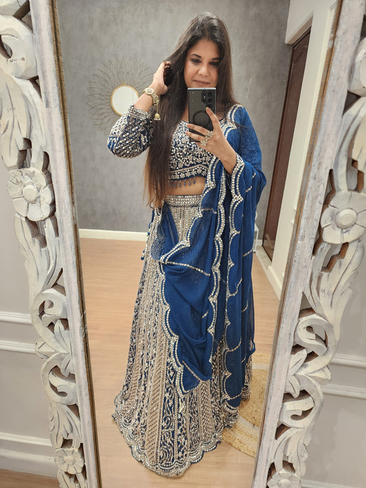Mannat blue real mirror lehenga set