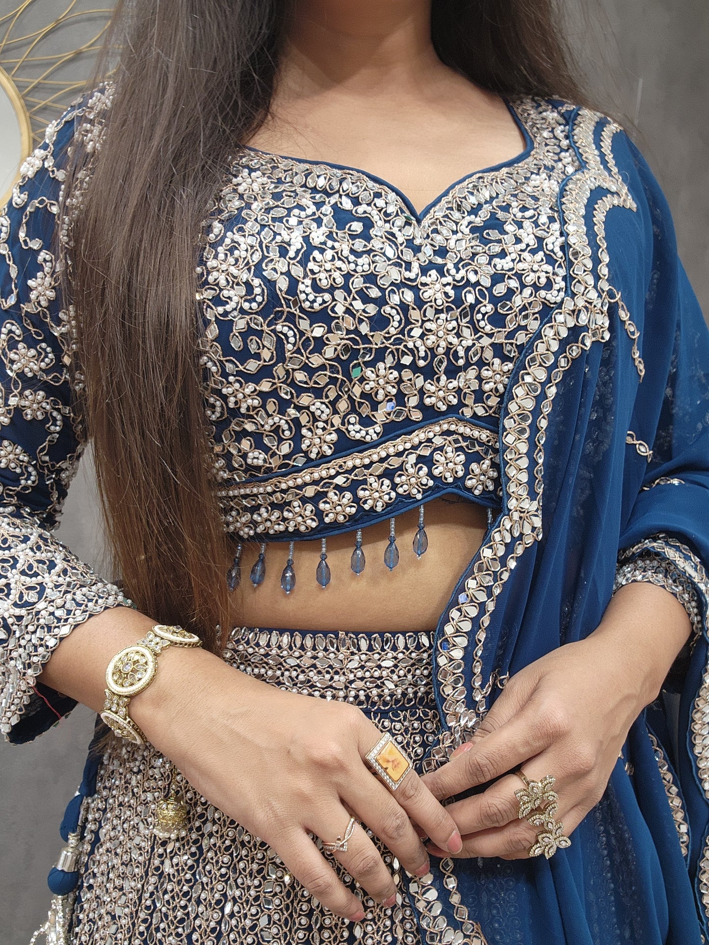 Mannat blue real mirror lehenga set