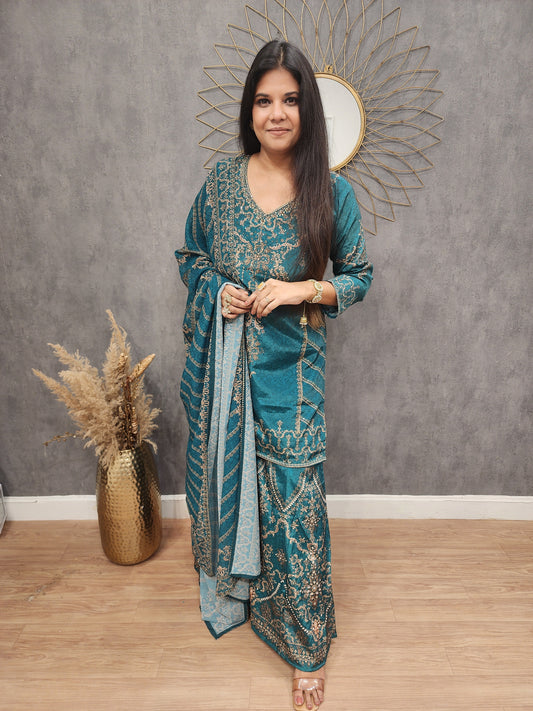 Shehnaaz green digital print sharara suit