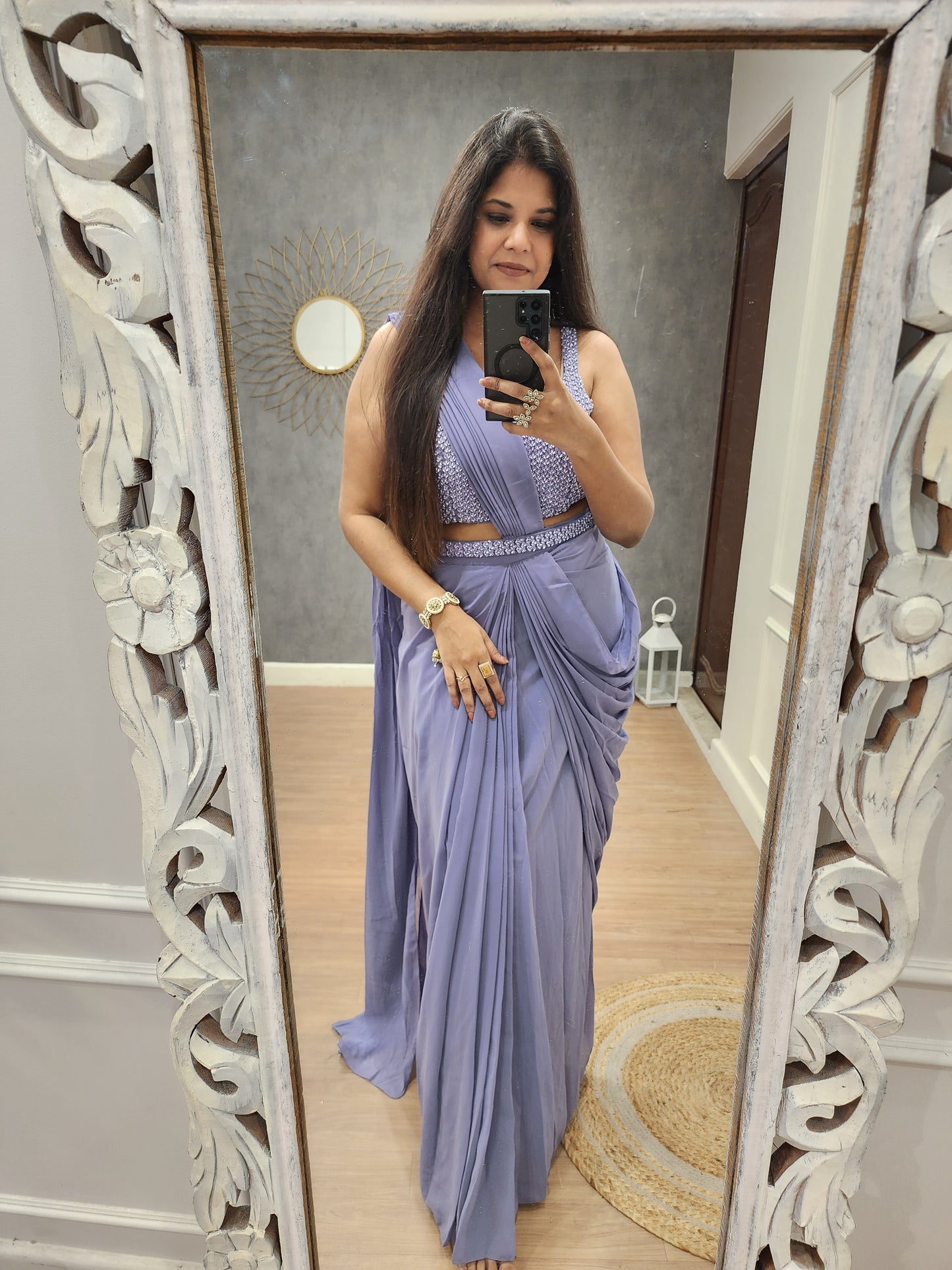 Shanaya Lavender drape saree with belt