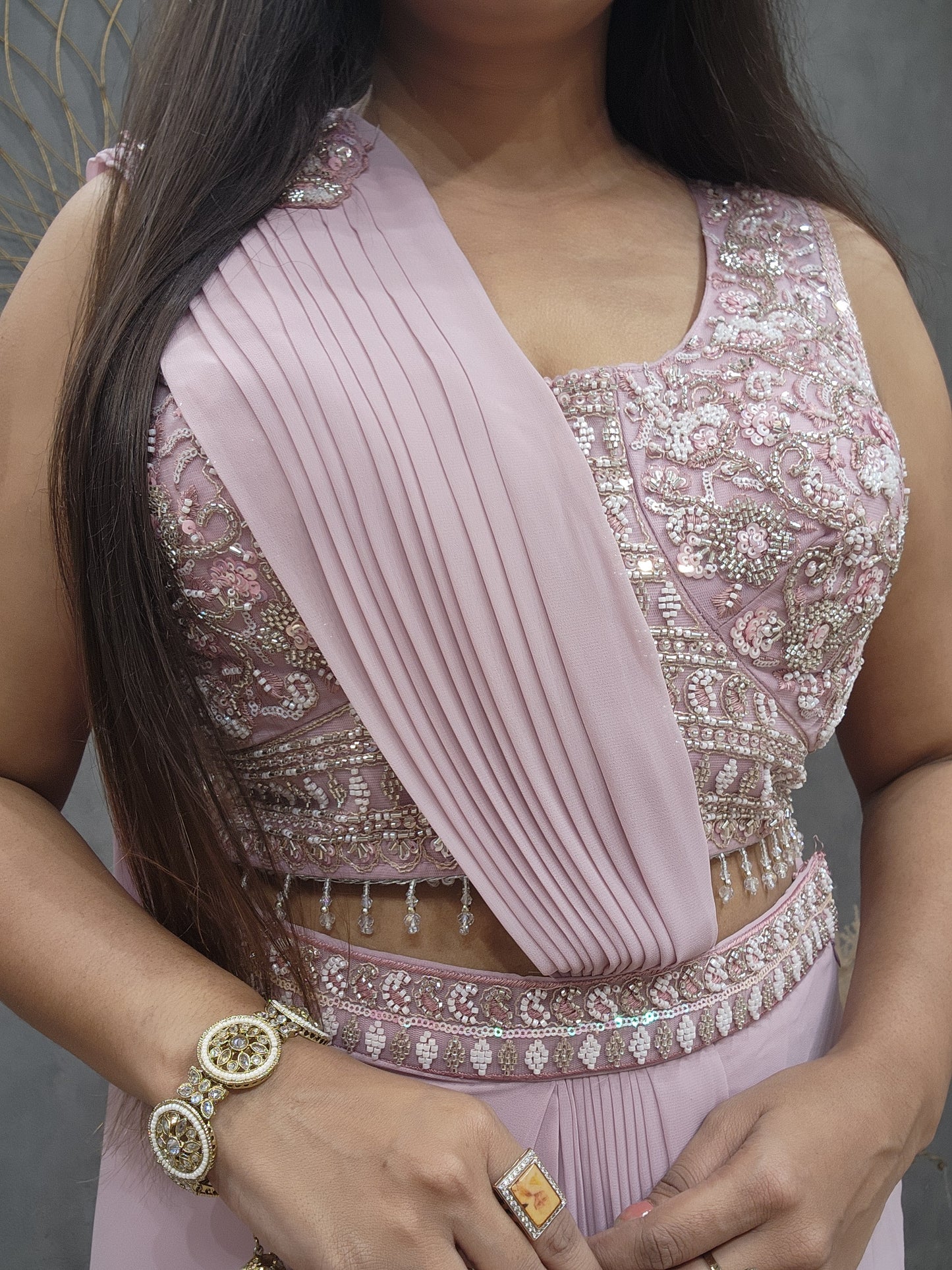 Shanaya onion pink drape saree
