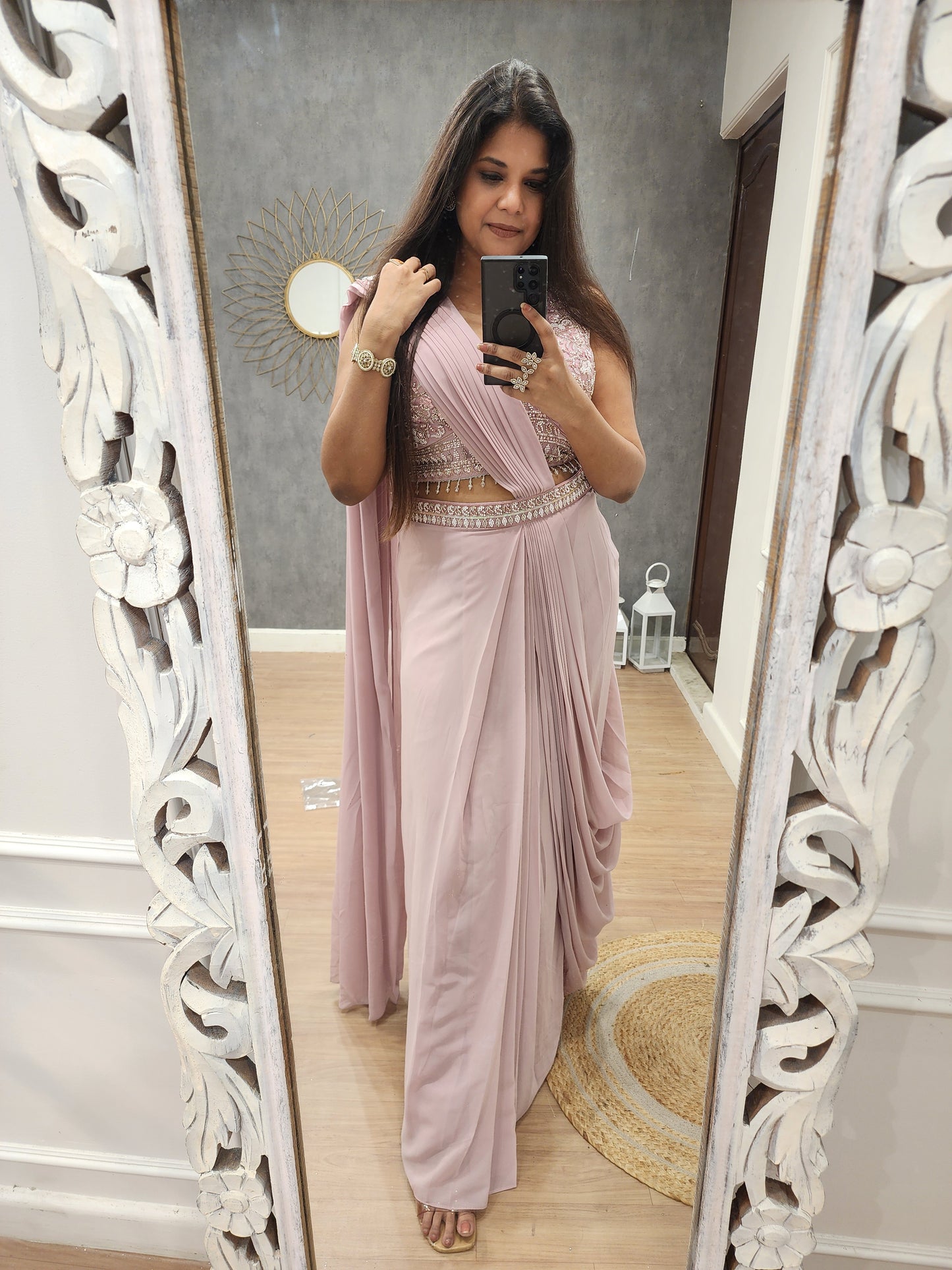 Shanaya onion pink drape saree