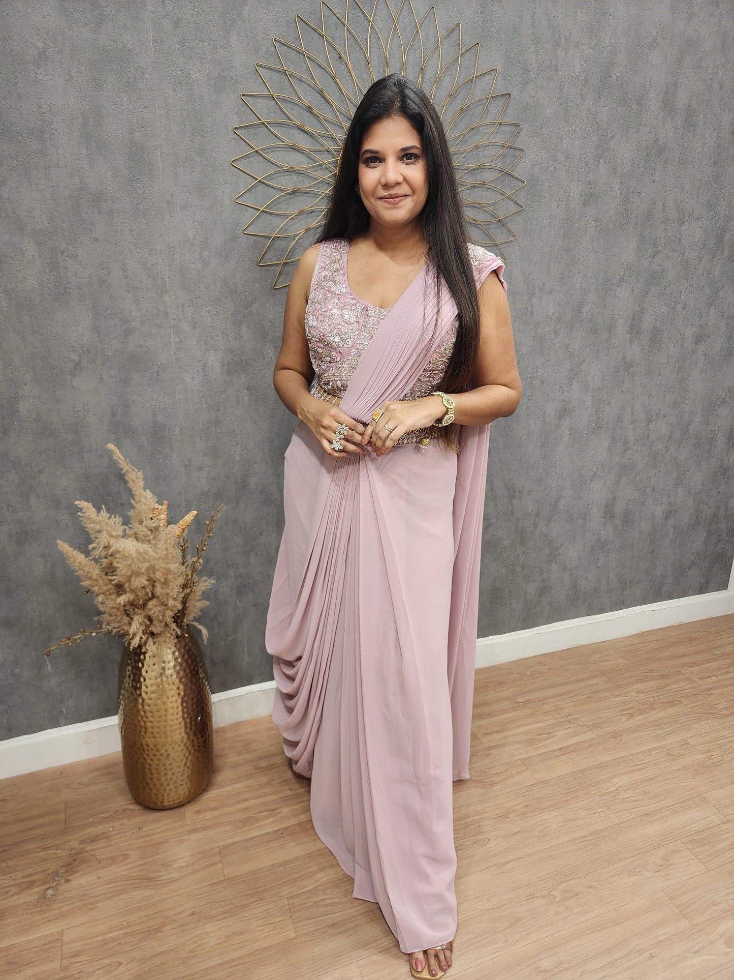 Shanaya onion pink drape saree