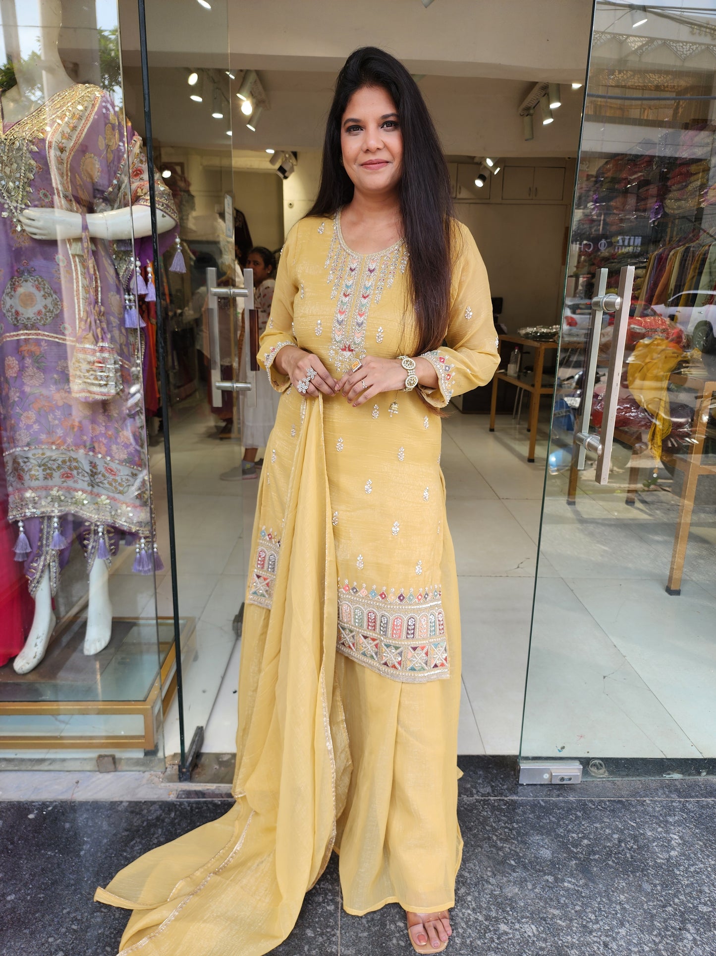 Yellow tissue sharara suit