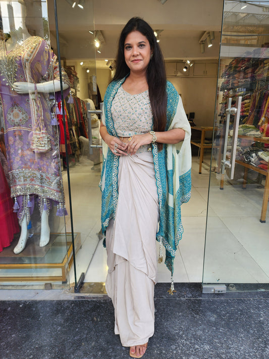 Malti bandhani blue cape indowestern cowl dress