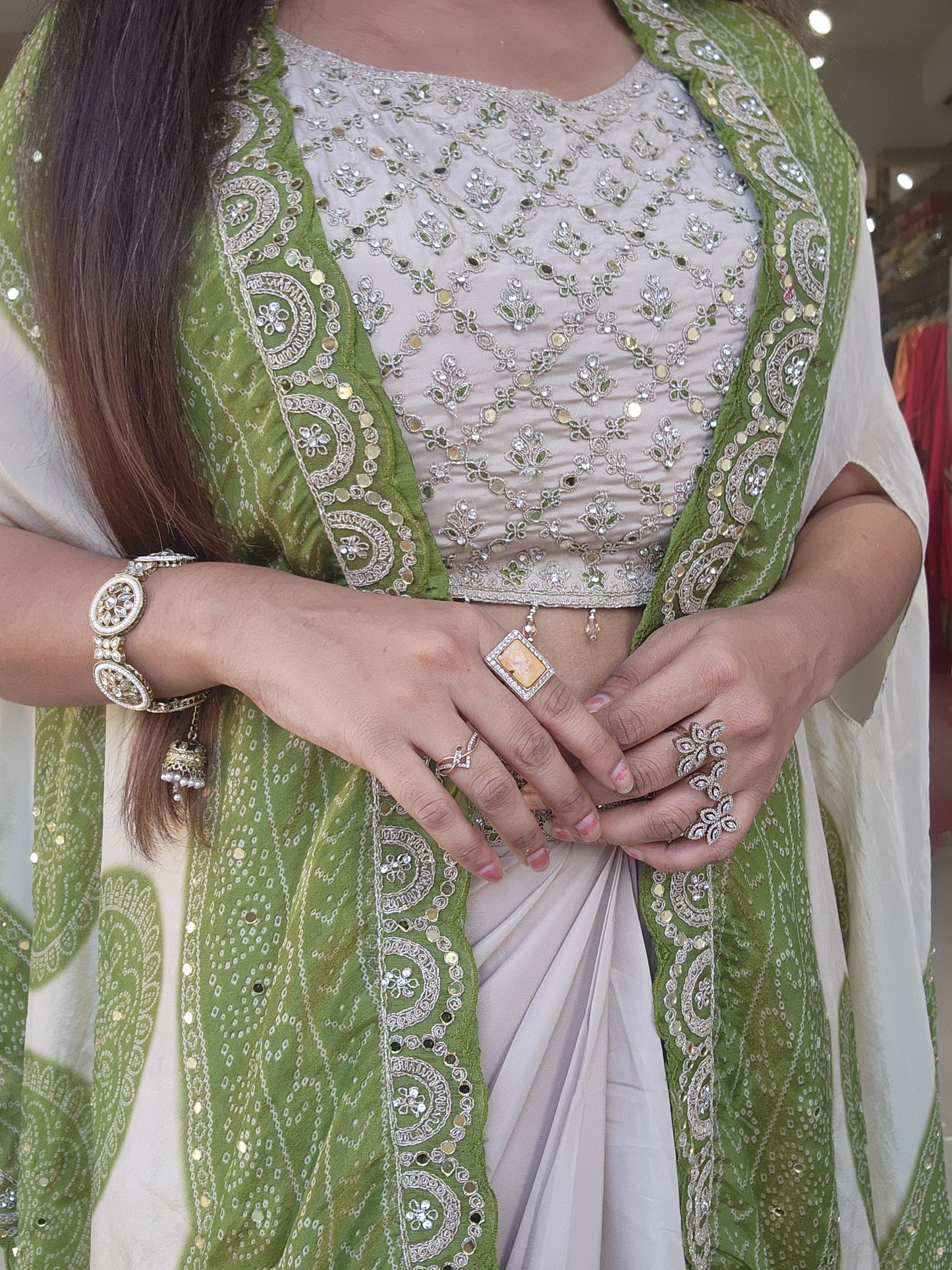 Malti green bandhani cape cowl dress