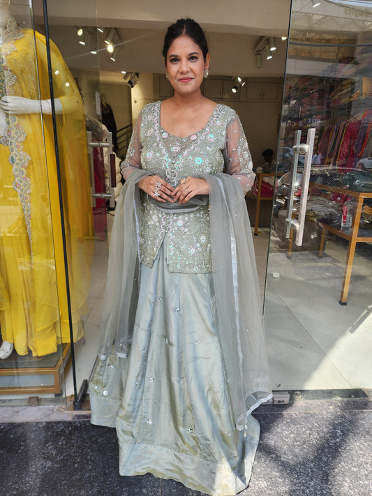 Kurbat metallick green indowestern dress