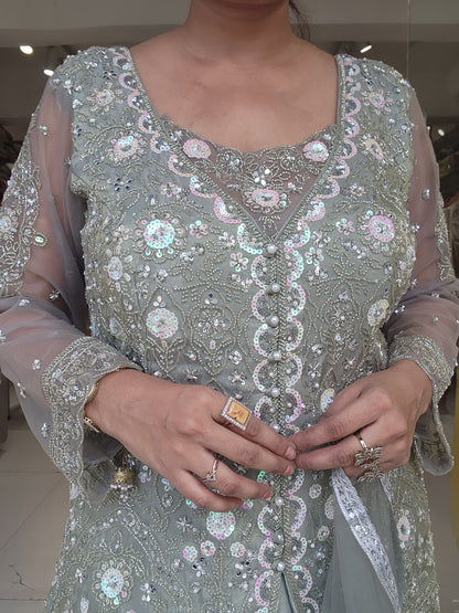 Kurbat metallick green indowestern dress