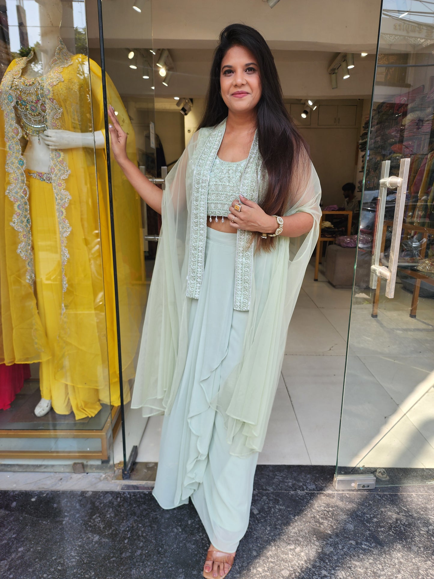 Mint green 3pc cape indowestern dress