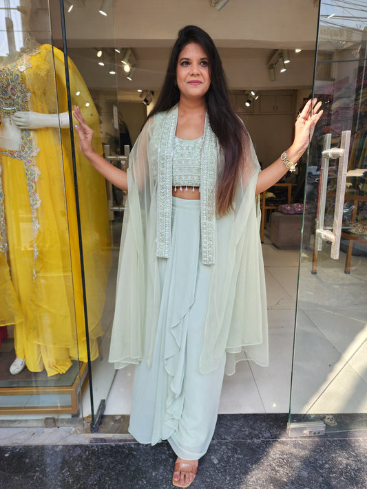 Mint green 3pc cape indowestern dress