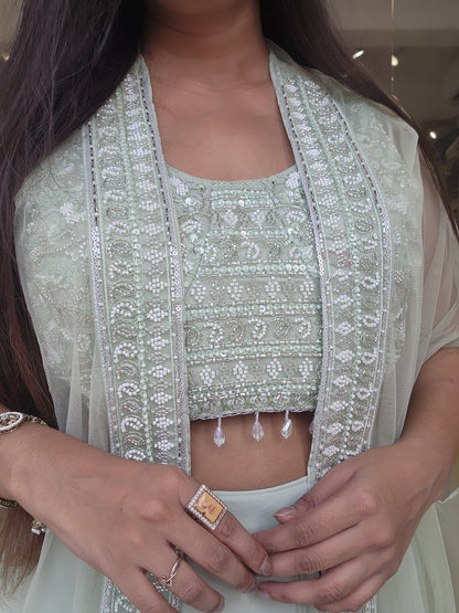 Mint green 3pc cape indowestern dress