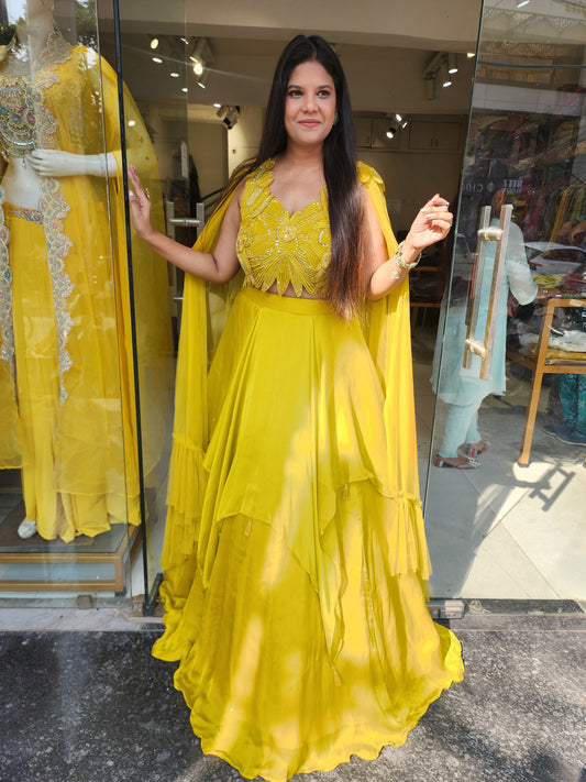 Mustard yellow butterfly lehenga set