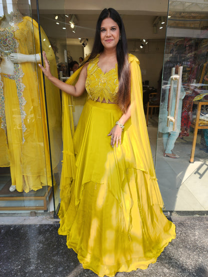 Mustard yellow butterfly lehenga set