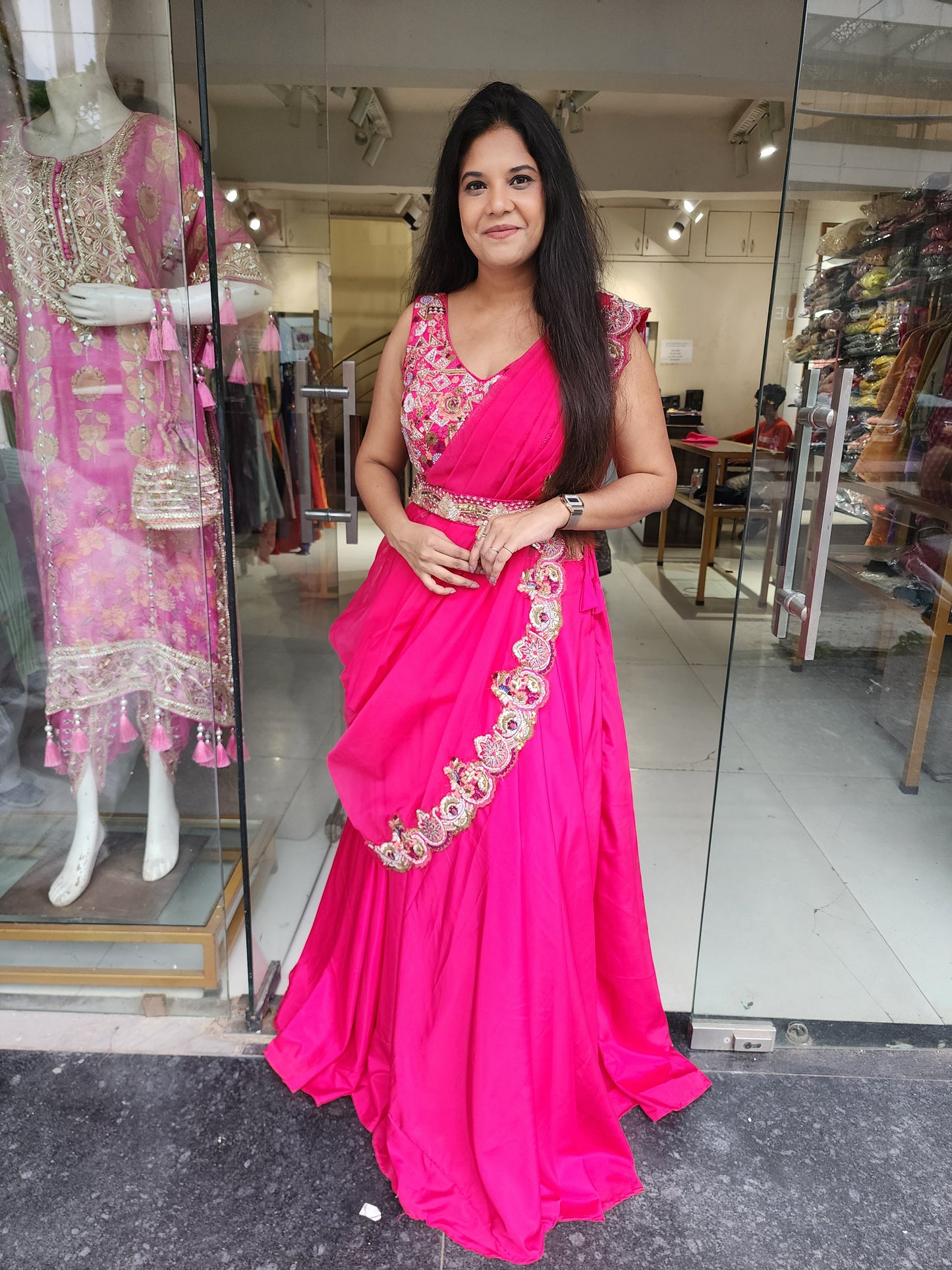 Nazakat pink drape lehenga(seperate sleeves available)