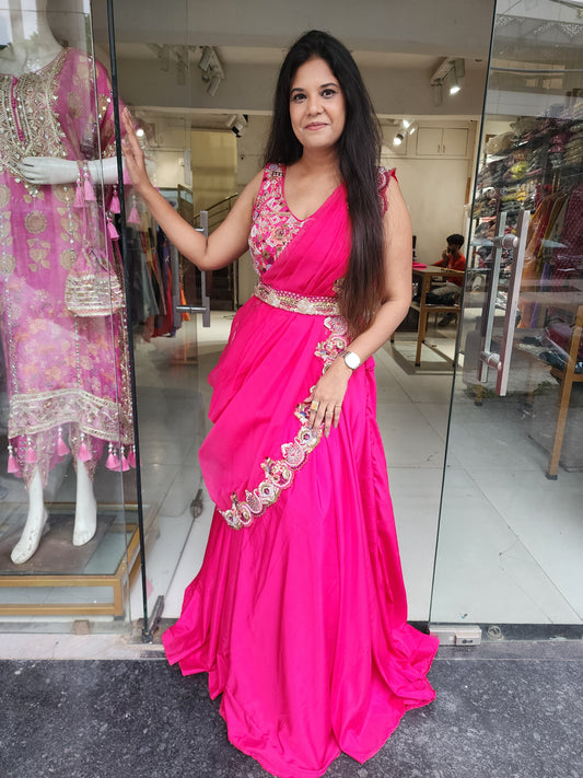 Nazakat pink drape lehenga(seperate sleeves available)