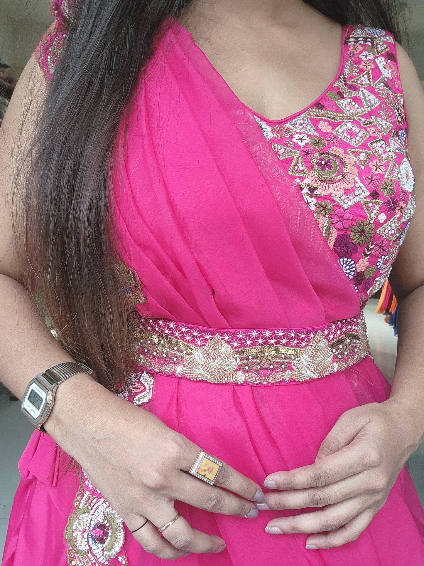 Nazakat pink drape lehenga(seperate sleeves available)