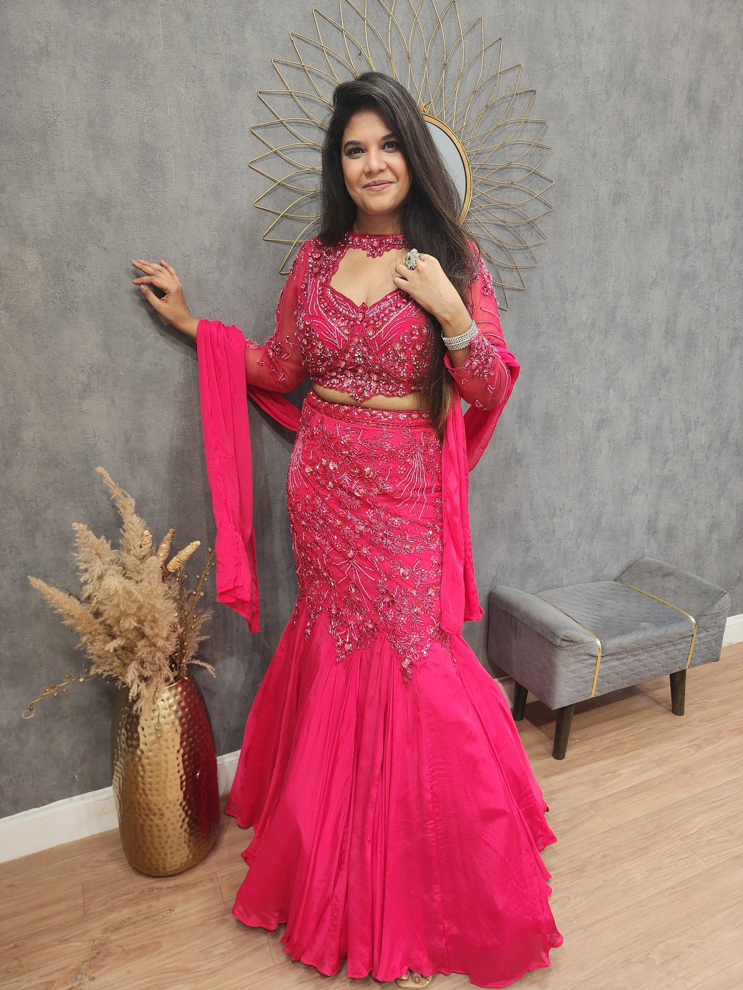 Cherry pink fishcut lehenga set